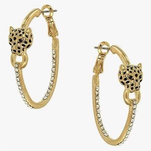 Gold-tone Leopard Head Oval Hoop Earrings w/ Rhinestone Crystals